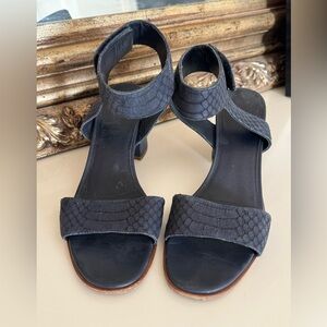 Vince Navy leather faux croc block sandal.